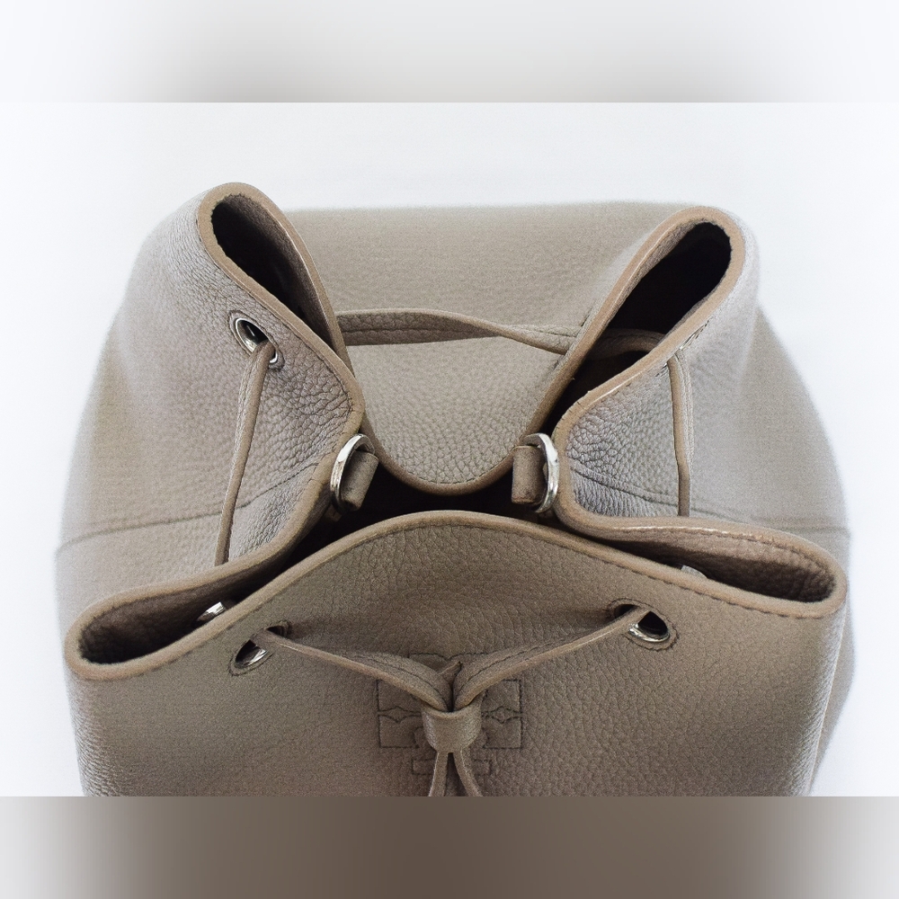 Tory Burch Pebbled Leather Drawstring Bucket Bag in Taupe - Picture 7 of 16